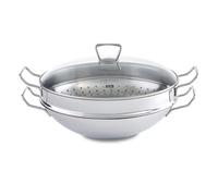 Fissler Nanjing Wok en Acier Inoxydable (Ø 36 cm), Grande Poêle Tronconique Non Revêtue, Poêle Asiatique avec Couvercle en Verre, avec Panier Vapeur, pour Tout Type de Feu Y Compris Induction