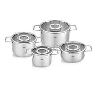 Fissler Batterie de cuisine Pure – Set 4 inox (3 casseroles, 1 poêle) induction, couvercles en verre