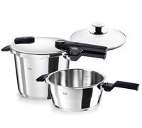 Fissler Vitaquick® Elemental Lot de 3 autocuiseurs (6,0 + 3,5 l, Ø 22 cm) vert sauge - Fabriqué en Allemagne, 2 niveaux de cuisson, couvercle en verre, fond superthermique, induction