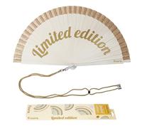 Fisura - Éventail Bois Original avec Message “Limited Edition”, éventail Main réversible avec Paillettes Design Moderne, Coloris doré Blanc, Accessoire été avec Cordon Inclus, Dimensions 42,5 x 23 cm