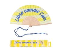 Fisura - Éventail en Bois au Design rayé Jaune avec Message “Libre comme l’air”. Accessoire Tendance et coloré, Ventilateur de Poche avec Crochet Inclus. Dimensions : 42,5 x 23 cm