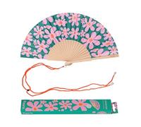 Fisura - Éventail en bois avec imprimé fleurs rétro. Modèle élégant et coloré, ventilateur portatif rose et vert avec attache pratique. Dimensions : 42,5 x 23 cm