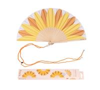 Fisura - Éventail en bois avec imprimé tournesol. Accessoire tendance et coloré, ventilateur de poche jaune avec attache incluse. Taille : 42,5 x 23 cm