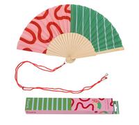 Fisura - Éventail en Bois Motif Vagues et Rayures Rose et Vert, Accessoire à Main avec dragonne, Design Estival coloré pour Plage et Voyage, idée Cadeau Femme 42,5 x 23 cm