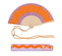 Fisura - Éventail en Bois Motif Vagues Orange et Violet, Accessoire Pliable coloré pour Saison Estivale, Ventilateur à Main avec dragonne Incluse, idée Cadeau Femme Tendance, 42,5 x 23 cm