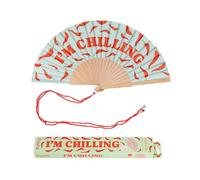 Fisura - Éventail en bois original avec message “I’m chilling”. Accessoire tendance et coloré, ventilateur de poche bleu et rouge avec attache incluse. Taille : 42,5 x 23 cm