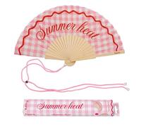 fisura. - Éventail en bois « Summer Heat », éventail à main moderne à carreaux roses, accessoire été coloré avec dragonne incluse, idée cadeau originale, 42,5 x 23 cm