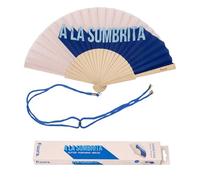 Fisura - Éventail Original avec Message “A la sombrita”. Accessoire en Bois Moderne et coloré. Ventilateur à Main pailleté Bleu. Dragonne Incluse. Idée Cadeau Amusante. 42,5 x 23 cm