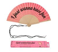 Fisura - Éventail Original avec Message “Have Fun”. Accessoire en Bois Moderne et coloré. Ventilateur à Main pailleté Rose. Dragonne Incluse. Idée Cadeau Amusante. 42,5 x 23 cm