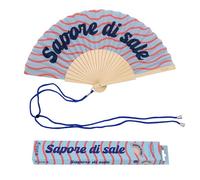 Fisura - Éventail Original avec Message “Sapore di Sale”. Accessoire en Bois Moderne et coloré. Ventilateur à Main Bleu. Dragonne Incluse. Idée Cadeau Amusante. 42,5 x 23 cm