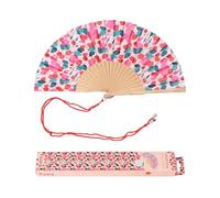 Fisura - Éventail original avec motif de coquelicots. Accessoire en bois élégant et coloré. Ventilateur à main rose et rouge avec crochet inclus. Taille : 42,5 x 23 cm