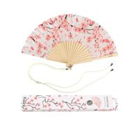 Fisura - Éventail original blanc avec motifs de Fleurs de Sakura. Éventail en bois moderne et amusant. Éventail blanc et rose. Dimensions : 42,5 x 23. Matériau : bois et textile.