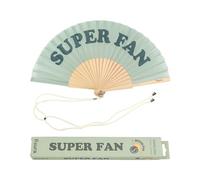 Fisura - Éventail original bleu avec message "super fan". Éventail en bois moderne et amusant. Éventail bleu. Dimensions : 42,5 x 23. Matériau : Bois et textile.