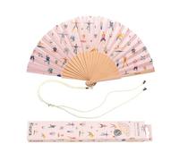 fisura. - Éventail original rose avec motifs yoga. Éventail en bois moderne et amusant. Éventail crème et multicolore Dimensions : 42,5 X 23. Matériau : Bois et textile.