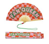 Fisura - Éventail XXL Original avec Message “Fan Queen”, Grand éventail Festival en Bois Moderne coloré, Accessoire été Ventilateur Main Rouge Rose, avec Cordon, Dimensions 64 x 33 cm