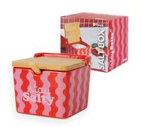 Fisura - Salière originale rose avec couvercle “stay salty”. Grand pot carré en céramique avec couvercle en bois et cuillère. Pour sel, sucre ou épices. 10 x 10 x 9 cm.