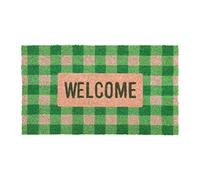 Fisura - Tapis entrée Welcome en Noix de cocoenvers antidérapant en PVC. Paillasson avec Motif Vichy Peint à la Main. Taille : 70 cm x 40 cm. Couleur : Vert et Blanc.