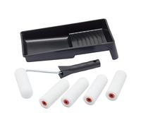 Fit For The Job 7 pièces, Mini rouleaux mousse pour peinture aspect brillant et satiné, Petit rouleau et Bac pour peindre bois, métal, plinthes, rebords fenêtre, portes, Rouleaux 100mm, Rouleau et bac