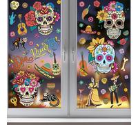 Fituenly Lot De 9 Autocollants pour Fenêtre du Jour des Morts, Motif Mexicain d'halloween, Motif Tête De Mort, Guitare, Mariés Fleurs