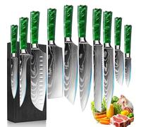 FIVE COWS Coffret de couteaux, 10 pièces, manche en résine, ensemble de couteaux de cuisine avec couteau de chef, couteau à pain, couteau santoku et couteau d'office, motif Damas (Vert)