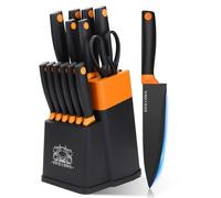 FIVE COWS Couteau Cuisine, 14 pièces Couteaux de Cuisine avec Bloc, avec Aiguiseur Intégré, Set de Couteaux à Steak, X50CR15, Bloc Couteaux Cuisine avec à Pain, Couteau à Fruits et Ciseaux (Orange)