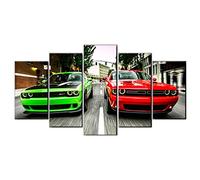 Five-Seller Vert Rouge Dodge Challenger Srt Hellcat Et Voiture De Sport Rouge 5 Impressions Sur Toile, Oeuvre D'art Photos Modernes, Peinture Murale, Art Mural (Avec cadre,50_x_100_cm)
