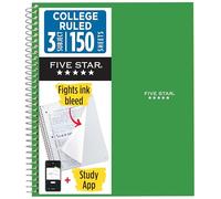 Five Star Carnet à spirale + application d'étude, 3 sujets, papier ligné universitaire, combat les bavures d'encre, couverture résistante à l'eau, 21,6 x 28 cm, 150 feuilles, vert (72067)