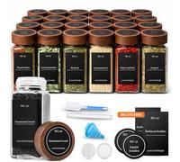 Five Stars® Lot de 24 pots à épices carrés en verre avec couvercle en acacia - 2 types de pâtes à saupoudrer - Pots à épices - Kit complet comprenant des autocollants, un stylo à craie, un entonnoir