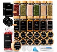 Five Stars Lot de 24 pots à épices carrés en verre avec couvercle en bambou - Salière à épices - Pots à épices - Kit complet avec autocollants, stylo à craie, entonnoir de remplissage et accessoires