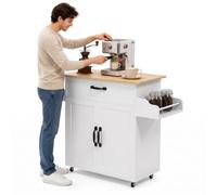 FIVMEN Chariot de cuisine blanc avec roulettes et plan de travail, chariot de service, îlot de cuisine en bois avec porte-serviettes et planche à épices, armoires de cuisine mobile