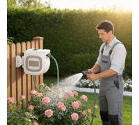 FIVMEN Enrouleur de tuyau d'eau 28+2 m avec support pivotant à 180° et 10 modes de pulvérisation, enrouleur de tuyau pour montage mural, boîte à tuyau avec enroulement automatique pour le jardin, la p