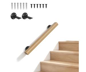 FIVMEN Main courante en bois de hêtre 60 cm avec support mural et vis | Rampe d'escalier intérieure antidérapante en une seule pièce naturelle pour salon, café, bibliothèque