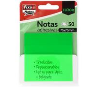 Fixo Notes | Notes adhésives transparentes | 50 notes 75 x 75 mm | Plastique | Couleur Vert fluo | Réutilisables et imperméables | Parfait pour les livres scolaires et les documents de bureau