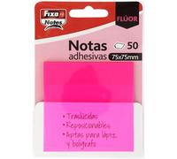 Fixo Notes | Notes adhésives transparentes | 50 notes 75 x 75 mm | Plastique | Fuchsia fluo | Réutilisables et imperméables | Parfait pour les livres scolaires et les documents de bureau