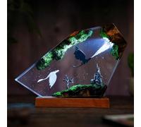 FIYSON Veilleuse 3D en résine époxy, statue de dinosaure mise à niveau avec socle en bois, lampe de chevet avec câble USB et lampe de nuit multicolore à distance 16 couleurs, décoration de bureau