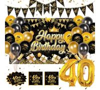 Fizdoqg Decoration Anniversaire 40 Ans Homme et Femme, Bannière Grand Format 180 x 110 cm, Décorations Noires et Dorées avec Ballons et Serviettes (40)