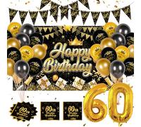 Fizdoqg Decoration Anniversaire 60 Ans Homme et Femme, Bannière Grand Format 180 x 110 cm, Décorations Noires et Dorées avec Ballons et Serviettes (60)
