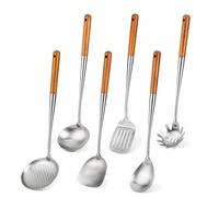 FJNATINH Spatule pour wok, louche, écumoire, kit d'outils de spatule, cuillère à spaghetti et cuillère de servage, 43,2 cm, lot de 6 pelles à wok en acier inoxydable 304