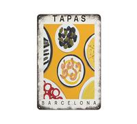 FJQWKLF Tapas Nourriture Cuisine espagnole Olives Dessin Crevettes grillées Nouveauté Rétro Plaque en métal, Décoration murale amusante Garage Bar Cour Salon 8x12 pouces