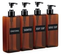 Flacon pompe carré de 500 ml, lot de 4 distributeurs de savon rechargeables en plastique, distributeurs vides avec étiquettes pour shampoing, lotion, après-shampoing, gel douche et savon pour les main