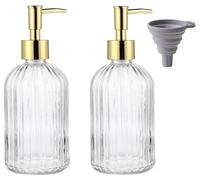 Flacons distributeurs de savon en verre nervurés, lot de 2, couleur dorée, 400 ml, avec entonnoir en silicone.