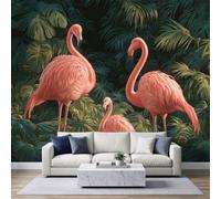 Flamant Rose Jungle Feuilles Papier Peint Photo 400 x 280 cm Murale | Plantes Exotiques Pop Art Murale Stickers Intissé pour Cuisine Chambre Salle Salon Décor Fond TV