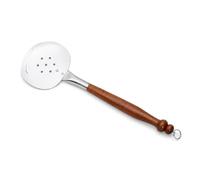 FlameFusion écumoire pour la Cuisine d'extérieur - Faite Main en Acier Inoxydable avec Manche en Bois, pour Les Plats au Kazan et Wok, 46,5 cm avec Anneau de Suspension