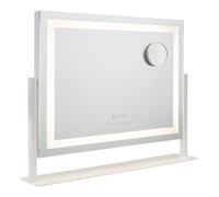 Flamingueo Miroir Coiffeuse - Bande LED - 3 Modes D'Éclairage - Intensité Réglable - Contrôle Tactile - Port USB - Position Réglable - Miroir Grossisant Inclus - Blanc - 64x12x54,5cm