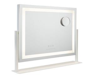 Flamingueo Miroir Coiffeuse - Bande LED - 3 Modes D'Éclairage - Intensité Réglable - Contrôle Tactile - Port USB - Position Réglable - Miroir Grossisant Inclus - Blanc - 64x12x54,5cm