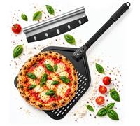 Flammwerk Pelle à Pizza Perforée 30x30 cm avec Roulette, Manche 40 cm, Inox | Inox résistant à la corrosion, roulette à pizza incluse, manche long de 40 cm, pour pizza, pain et focaccia, four