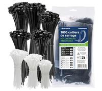 Flandria 1000 Colliers de Serrage Autobloquants Assortis - Serre-Câbles Blanc & Noir UV - 8 Tailles de 75 à 200 mm - Attaches Câbles Haute Résistance pour Électricité, Bricolage, Jardin et Atelier