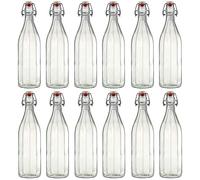 Flaschenland Lot de 12 élégantes bouteilles en verre 1000 ml avec bouchon mécanique, design unique, bouteilles à bouchon mécanique hermétiques pour limonade, jus, liqueur, eau à la maison ou dans les