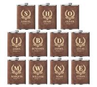 Flasque a Alcool Fiole Personnalisé 11 Pièces Whisky Acier Inoxydable 304 Cadeaux de Mariage Flask Cuir Gravé Marron 8oz