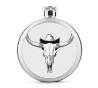Flasque en acier inoxydable avec tête de mort de taureau dans un chapeau de cowboy pour liqueur, poche ronde portable pour boisson 140 ml